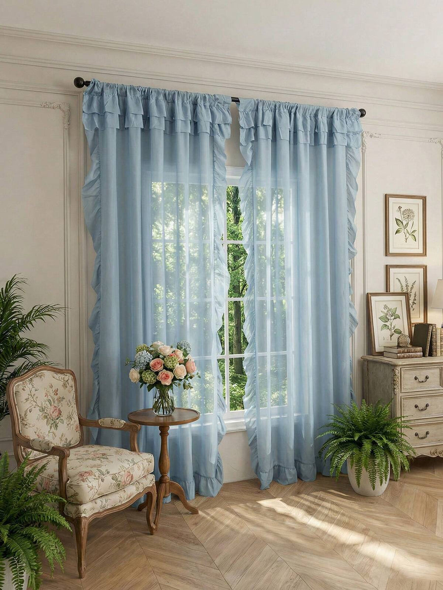 1pc Minimalist Solid Color Curtain With Lace Trim, Home Window Decor, Holiday Decoration