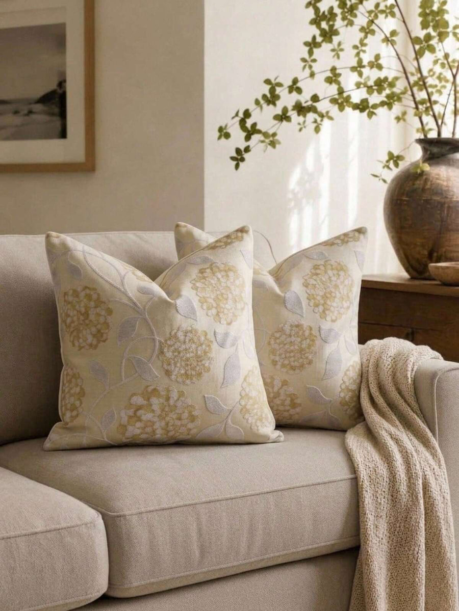Cirelle 1/2 Pcs Floral Jacquard Throw Pillow Cover, Champagne Gold Hydrangea Decorative Cushion Case, Vintage Embroidered Pillow Sham For Sofa Couch (No Insert)